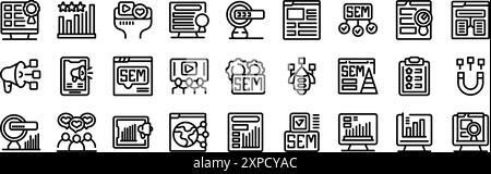 SEM-Symbole festgelegt. Liniensymbole, die ein Marketingteam repräsentieren, das eine erfolgreiche Suchmaschinenmarketing - sem - Kampagne entwickelt Stock Vektor