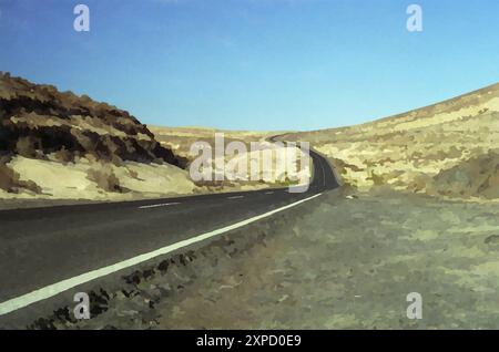 Ein Aquarellbild zeigt eine lange Straße, die sich durch eine Sandwüste schlängelt. Der Himmel ist groß und klar, in sanften Blautönen, mit Sanddünen akzentuiert. Stockfoto