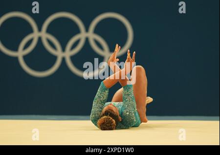 Paris, Frankreich. August 2024. Rebeca Andrade (Brasilien) tritt beim Floor Final für Frauen in der Bercy Arena in Paris an. Quelle: Ulrik Pedersen/Alamy Live News Stockfoto