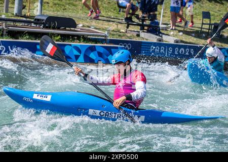 Vaires Sur Marne, Frankreich. August 2024. Titouan Castryck (FRA), Canoe Slalom, Viertelfinale für Herren Kayak Cross während der Olympischen Spiele 2024 in Paris am 5. August 2024 im Nautical Stadium Vaires-sur-Marne in Vaires-sur-Marne, Frankreich - Photo Baptiste Autissier/Panorama/DPPI Media Credit: DPPI Media/Alamy Live News Stockfoto