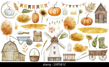 Ernten Sie Aquarell-Clipart-Set mit Windmühle, rustikalem Haus, Kürbissen und Sonnenblumen. Zeichnung von Herbstbäumen und Schubkarren für die Landwirtschaft. Handgezogene Schubkarre und Blätter für Oktoberfest und Halloween Stockfoto