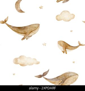 Muster der Walfamilie, Mond, Wolken, Sterne in beiger Farbe. Aquarellabbildungen auf weißem Hintergrund Stockfoto