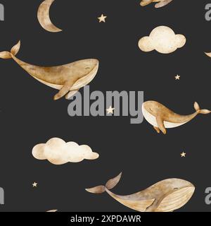 Muster der Walfamilie, Mond, Wolken, Sterne in beiger Farbe. Aquarellabbildungen auf dunklem Hintergrund Stockfoto