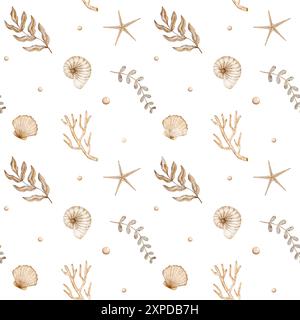 Nahtloses Muster mit Seestern Muscheln Korallen Aquarellillustration für Textilien Stoffe Kleidung Stockfoto