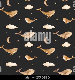 Muster der Walfamilie, Mond, Wolken, Sterne in beiger Farbe. Aquarellabbildungen auf dunklem Hintergrund Stockfoto