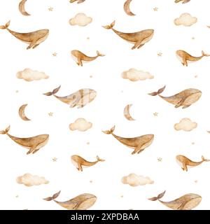 Muster der Walfamilie, Mond, Wolken, Sterne in beiger Farbe. Aquarellabbildungen auf weißem Hintergrund Stockfoto
