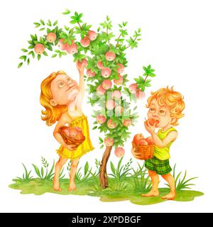 Glücklicher kleiner Junge und Mädchen, die Äpfel pflücken. Aquarellgarten-Clipart mit Kindern. Isolierte Zeichentrickkinder im Apfelgarten für Erntetagskarten Stockfoto