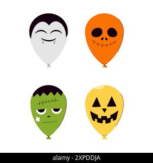 Vier Halloween-Ballons mit verschiedenen Gesichtern. Der eine ist ein Vampir, der andere ein Skelett, der andere ein Frankenstein-Monster und der andere ein Kürbis. Vektor-Cartoon Stock Vektor