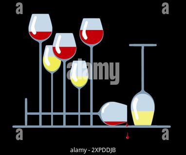 Weingläser werden mit einem verschütteten und einem umgedreht in einer Illustration gesehen, um Ihr Trinken unter Kontrolle zu bringen. Stockfoto