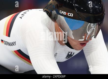 Montigny Le Bretonneux, Frankreich. August 2024. Olympische Spiele, Paris 2024, Radfahren, Rennstrecke, Teamsprint, Männer, Qualifikation, Maximilian Dörnbach. Quelle: Jan Woitas/dpa/Alamy Live News Stockfoto