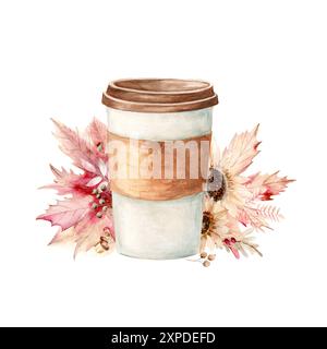 Papierbecher mit Kaffee oder Tee auf dem Hintergrund von Herbstblättern und Blumen. Isolierte Komposition auf weißem Hintergrund. Aquarellabbildung in warmen Farben. Die Zeichnung wird von Hand gezeichnet. Geeignet für Karten, Einladungen und Textilien Stockfoto