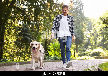 Glücklicher Besitzer, der mit dem niedlichen Golden Retriever-Hund im Freien spaziert, Blick aus einem niedrigen Winkel Stockfoto