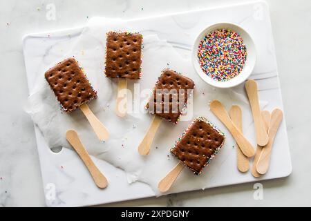 Blick von oben auf Eis-Sandwiches, die in bunten Streuseln gerollt sind. Stockfoto