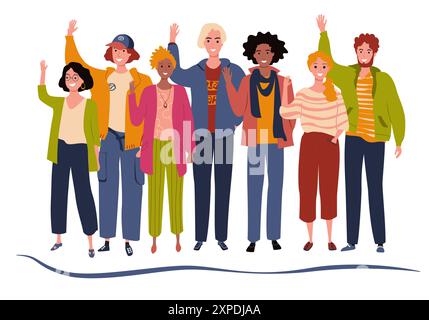 Gruppe glücklicher Freunde. Junge Menschen zusammen. Menschen grüßen Gesten flache Vektorillustration in flacher Art Stock Vektor