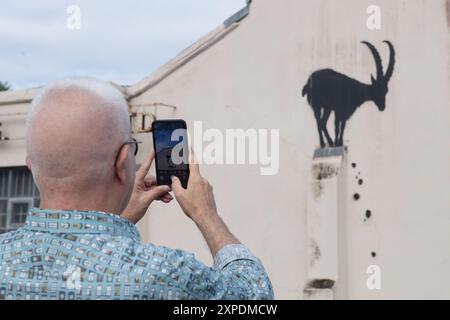 London, Großbritannien. August 2024. Die Leute fotografieren das neueste Kunstwerk des Street Artist Banksy, das eine Bergziege zeigt, die auf der Säule eines Gebäudes thront und Felsen an der Kew Bridge herunterfallen. Quelle: Justin Ng/Alamy Live News. Stockfoto