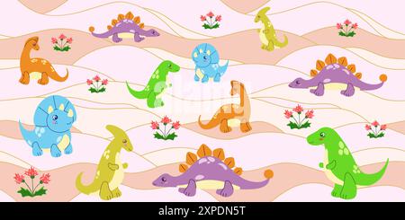 Farbenfroher Hintergrund mit handgezeichneten Dinosauriern. Vektor-Illustration für Kinder Stock Vektor