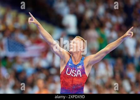 Paris, Frankreich. August 2024. Sam Kendricks aus den USA während der Olympischen Spiele 2024 in Paris am 5. August 2024 im Stade de France. Quelle: Saolab/Alamy Live News Stockfoto