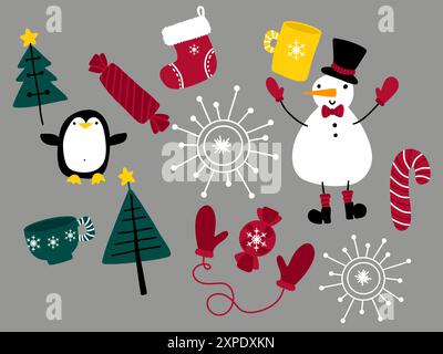 Winterset Schneemannmuster für Stoffe und Textilien und Verpackungen und Geschenke und Karten und Bettwäsche sowie Kinder und Geschenkpapier Stockfoto