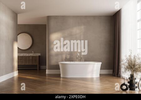 Modernes Badezimmer mit Holzakzenten, minimalistischem Design, beigefarbenem Hintergrund, Konzept eines Luxushauses oder Hotels. 3D-Rendering Stockfoto