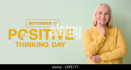 Banner für den Tag des positiven Denkens mit nachdenklicher reifer Frau Stockfoto