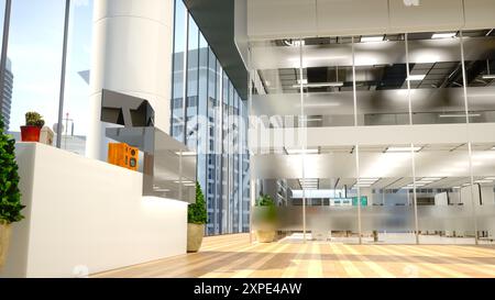 Professionelle Bürolobby mit zeitgenössischer Architektur und stilvollem Innendesign. Große Fenster bieten einen offenen Blick auf die Stadt, elegante Möbel und Pflanzen sorgen für Komfort und Eleganz. Stockfoto