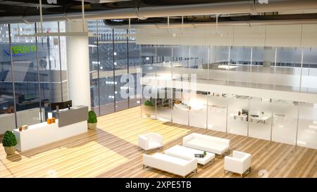 Hochwertige Firmenlobby mit modernem Rezeptionstresen und geräumigem Layout. Helles Interieur, Tageslicht und Panoramablick auf die Stadt schaffen ein komfortables und professionelles Geschäftsumfeld. Stockfoto