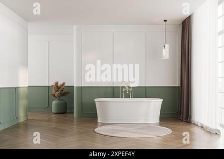 Klassisches Badezimmer mit luxuriöser Badewanne, grün-weißer Wand und Parkettboden. Stockfoto