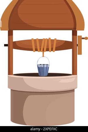 Traditioneller Wasserbrunnen aus Stein und Holz mit einem Metalleimer, der an einem Seil hängt Stock Vektor