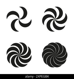 Spiralvektorsatz. Wirbelnde Schwarz-weiß-Designs. Abstrakte Kreismuster. Kollektion geometrischer Formen. Stock Vektor