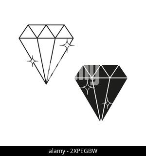 Abbildung des Diamantsymbols. Zwei Vektordiamanten. Schwarz-weiß. Funkelnde Edelsteine. Stock Vektor