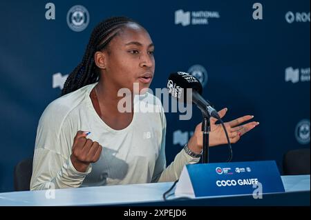 Toronto, Kanada. August 2024. Tennisspieler Coco Gauff nimmt an einer Pressekonferenz bei den WTA 1000 Toronto National Bank Open Teil. Christopher Child/EXimages Credit: EXImages/Alamy Live News Stockfoto