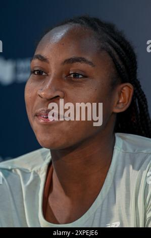 Toronto, Kanada. August 2024. Tennisspieler Coco Gauff nimmt an einer Pressekonferenz bei den WTA 1000 Toronto National Bank Open Teil. Christopher Child/EXimages Credit: EXImages/Alamy Live News Stockfoto