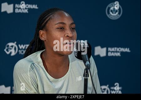 Toronto, Kanada. August 2024. Tennisspieler Coco Gauff nimmt an einer Pressekonferenz bei den WTA 1000 Toronto National Bank Open Teil. Christopher Child/EXimages Credit: EXImages/Alamy Live News Stockfoto