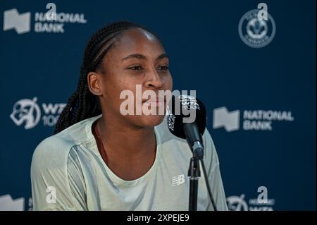 Toronto, Kanada. August 2024. Tennisspieler Coco Gauff nimmt an einer Pressekonferenz bei den WTA 1000 Toronto National Bank Open Teil. Christopher Child/EXimages Credit: EXImages/Alamy Live News Stockfoto