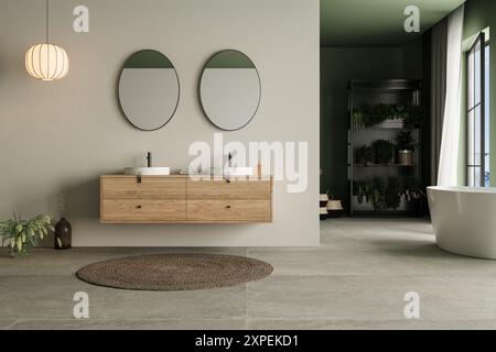 Modernes minimalistisches Badezimmer-Interieur, Badezimmerschrank, Doppelwaschbecken, hölzerner Kosmetikbereich, Innenpflanzen, Badaccessoires, Badewanne, Meerblick, weiß und Stockfoto