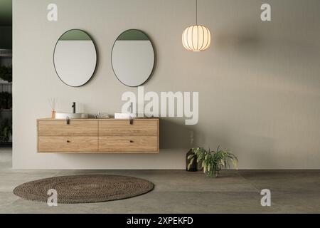 Modernes minimalistisches Badezimmer-Interieur, Badezimmerschrank, Doppelwaschbecken, hölzerner Kosmetikbereich, Innenpflanzen, Badaccessoires, Badewanne, Meerblick, weiß und Stockfoto