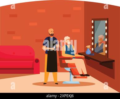 Der Friseur steht neben einem Senior-Gast im Friseurstuhl und lässt sich im Friseursalon Haare schneiden Stock Vektor