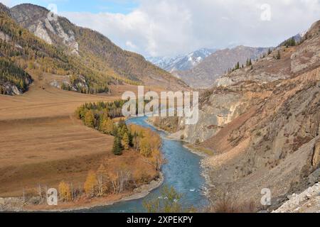 Die Kurven des Kanals eines wunderschönen Flusses, der an einem sonnigen Herbsttag durch ein malerisches Tal mit Lärchen und Kiefern am Ufer fließt. Stockfoto