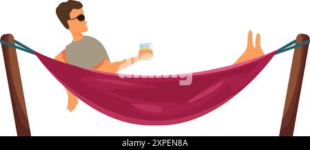 Der Mann liegt in einer Hängematte mit einem Drink und genießt den Sommer Stock Vektor