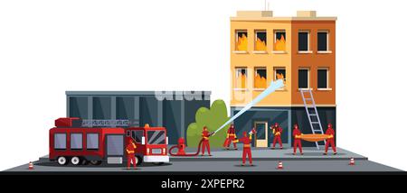Feuerwehrleute löschen einen Brand in einem Gebäude mit einem Löschfahrzeug und einer Leiter Stock Vektor