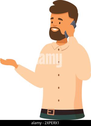 Ein junger Profi führt ein Telefongespräch, während er mit der Hand Gesten macht Stock Vektor