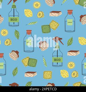 Nahtloses Muster mit umweltfreundlichen Reinigungsprodukten. Natürliche ökologische Bio-Reiniger. Illustration des flachen Vektors Stock Vektor