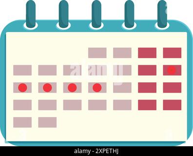 Der blaue Kalender ist geöffnet und zeigt wichtige Termine und Termine mit roten Kreisen an Stock Vektor