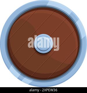 Rundes Holzschild mit Metallrahmen und rundem Metallvorsprung in der Mitte, der vor Pfeilen und Schwertern schützt Stock Vektor