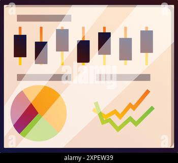 Das Geschäftsdiagramm zeigt Marktdatenanalysen mit einem Kerzendiagramm, einem Tortendiagramm und einem Liniendiagramm an Stock Vektor