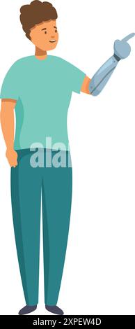 Der junge Mann mit einer Armprothese zeigt selbstbewusst nach vorne und zeigt die Möglichkeiten moderner Technologie Stock Vektor