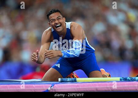 Saint Denis, Frankreich. August 2024. Emmanouil Karalis vom Team Griechenland tritt am 10. Tag der Olympischen Spiele 2024 im Stade de France am 5. August 2024 in Paris an. Foto: Franck Castel/ABACAPRESS. COM Credit: Abaca Press/Alamy Live News Stockfoto