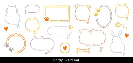 Katzenhund Haustierrahmen, Sprechblase niedliches Set. Handgezeichnetes Design mit Kritzellinie und Tierhaustierrahmen. Katze, Hundepfote, niedliches Sprechblasen-Design. Rundes Hündchen-Abzeichen. Vektorabbildung. Stock Vektor