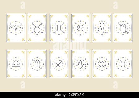 Sammlung von Tarotkarten mit Tierkreiszeichen in Linienart-Stilen. Stock Vektor