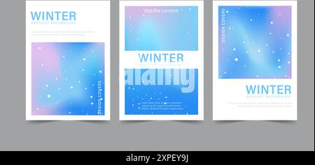 Verlauf Winter Hintergrund mit Schneeflocken. Set trendiger abstrakter Neonvorlagen. Design mit kalten Wellen. Moderner Vektor. Minimalistischer Hintergrund in Pastellfarben Stock Vektor